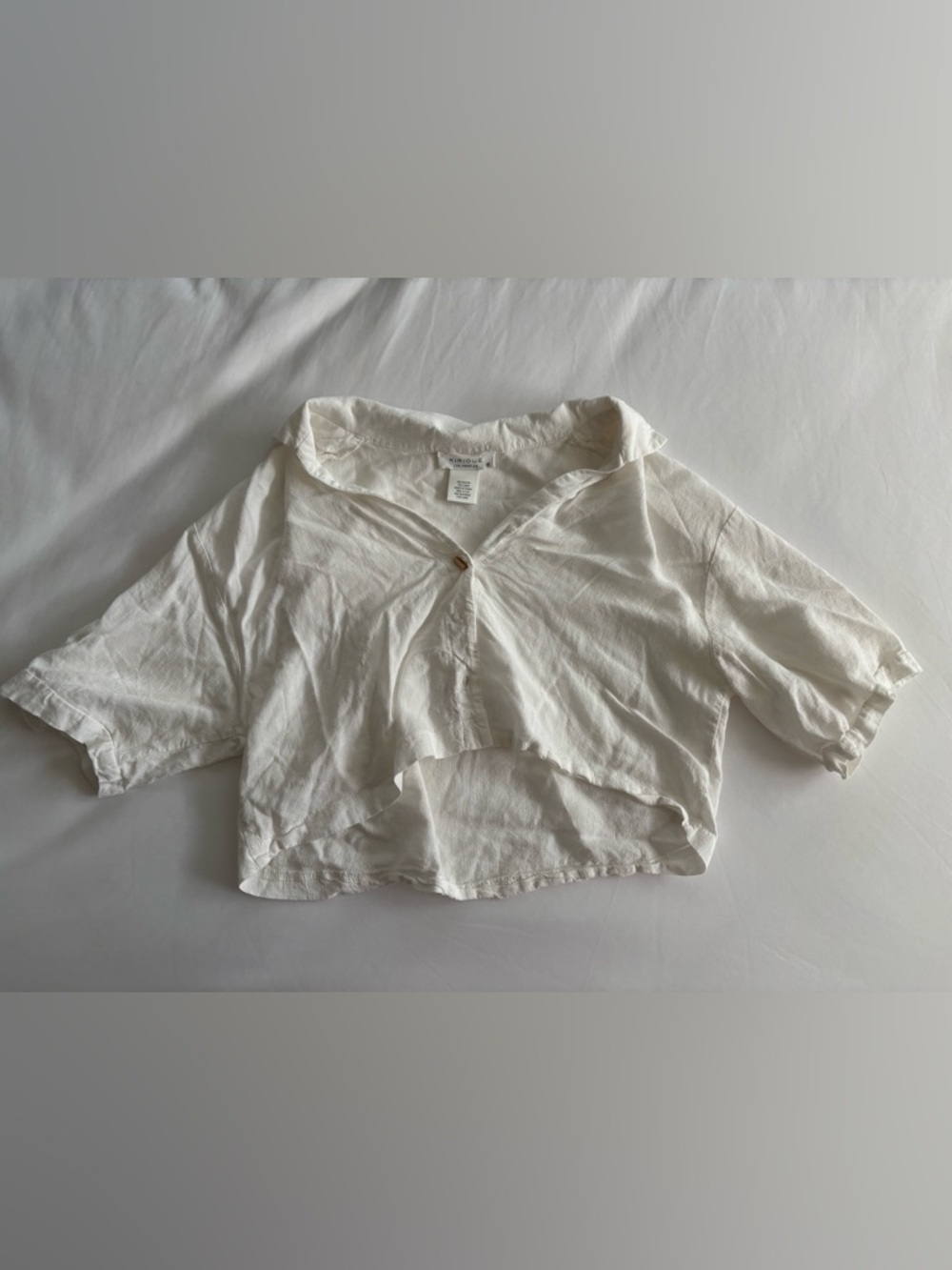 Relaxed Cream Cropped Button-Front Top with Short Sleeves